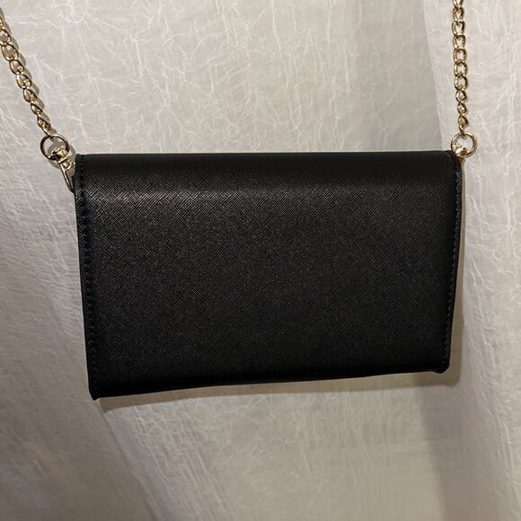 MM Black Gold Tone Hardware Red Lined Crossbody Bag Purse - Picture 3 of 11